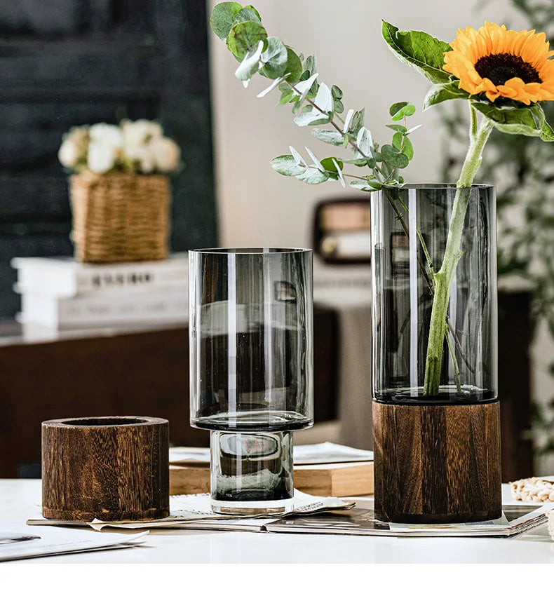 Modern Simple and Creative Glass Water-grown Flowers Wooden Base Vase