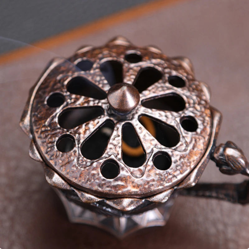 Lotus Flower Incense Burner with Handle Retro Copper Lotus Hollow Out Incense