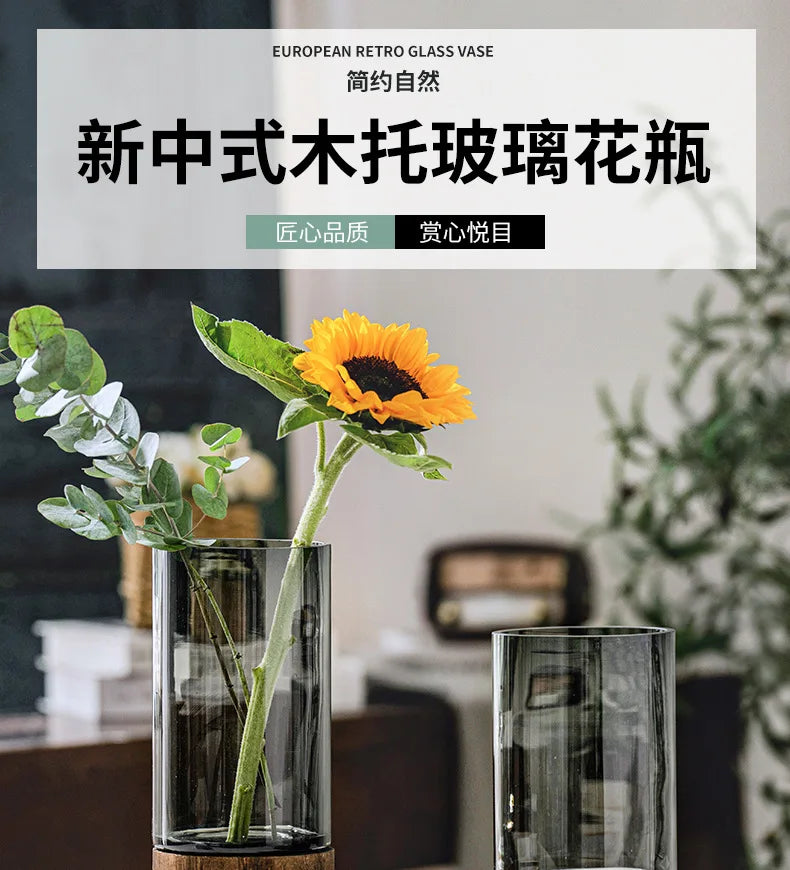 Modern Simple and Creative Glass Water-grown Flowers Wooden Base Vase