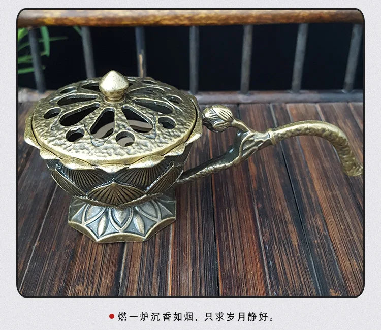 Lotus Flower Incense Burner with Handle Retro Copper Lotus Hollow Out Incense