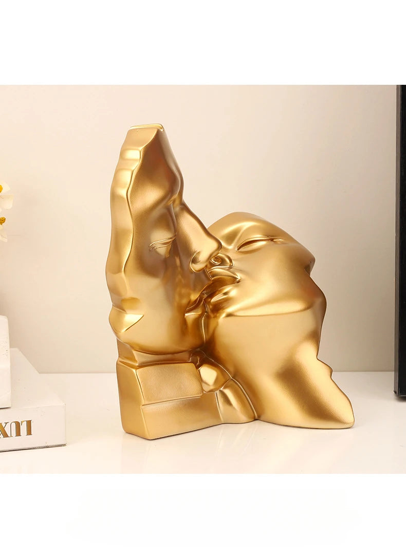 Resin Crafts Abstract Portrait Sculpture Couple Gold Head Ornament