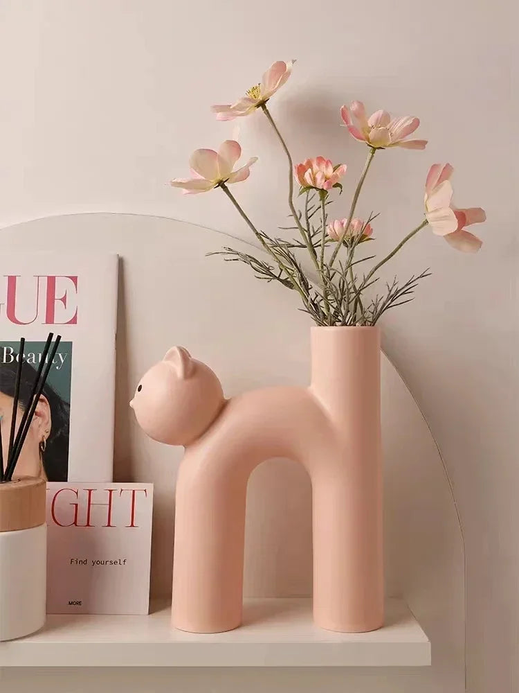 Ceramic Flower Vase H-shaped Cute Tubular Kawaii Cat Vase