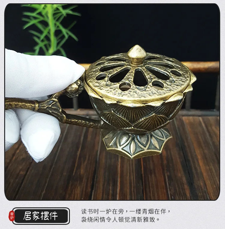 Lotus Flower Incense Burner with Handle Retro Copper Lotus Hollow Out Incense