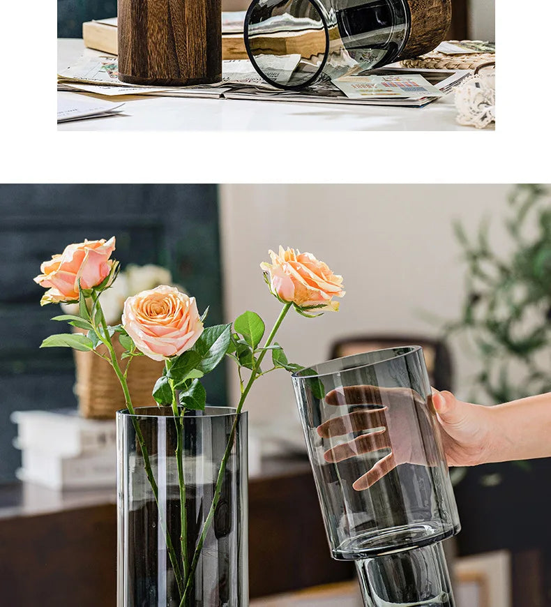 Modern Simple and Creative Glass Water-grown Flowers Wooden Base Vase