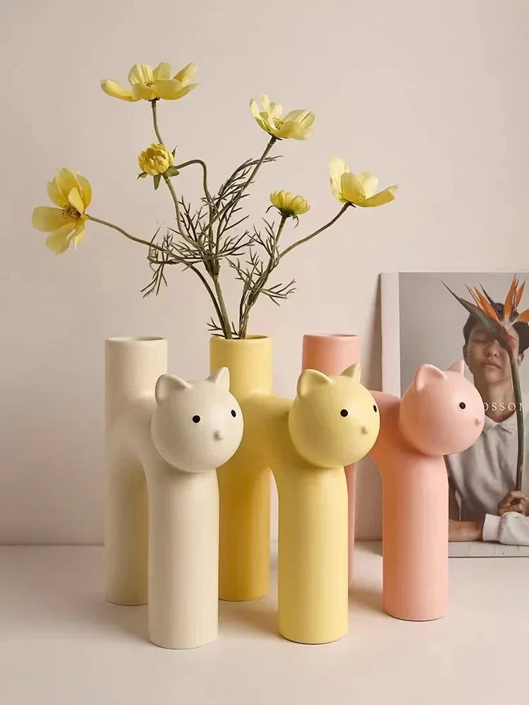 Ceramic Flower Vase H-shaped Cute Tubular Kawaii Cat Vase