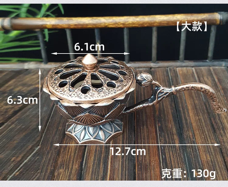 Lotus Flower Incense Burner with Handle Retro Copper Lotus Hollow Out Incense