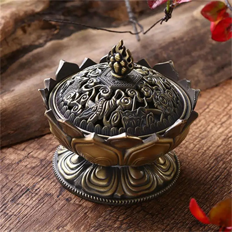 Lotus Flower Incense Burner Buddhism Buddha Holder Brass Mini Sandalwood