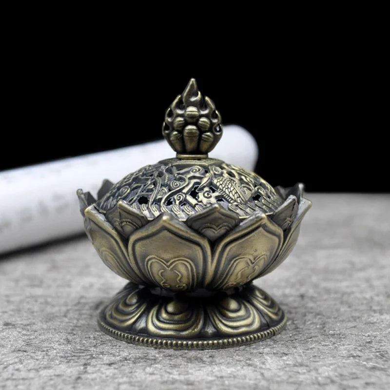 Lotus Flower Incense Burner Buddhism Buddha Holder Brass Mini Sandalwood