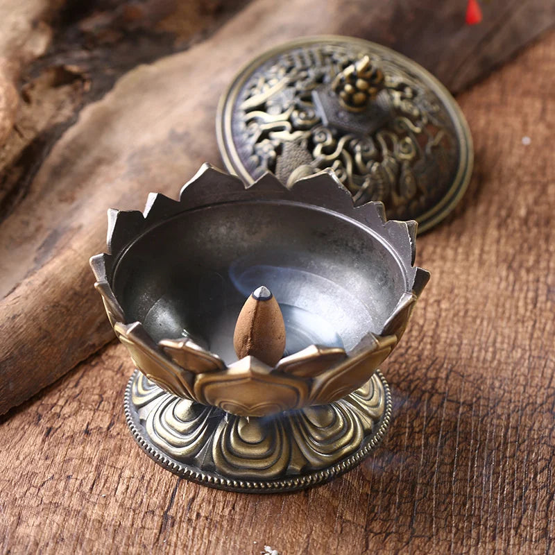 Lotus Flower Incense Burner Buddhism Buddha Holder Brass Mini Sandalwood