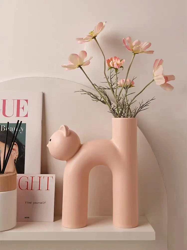 Ceramic Flower Vase H-shaped Cute Tubular Kawaii Cat Vase