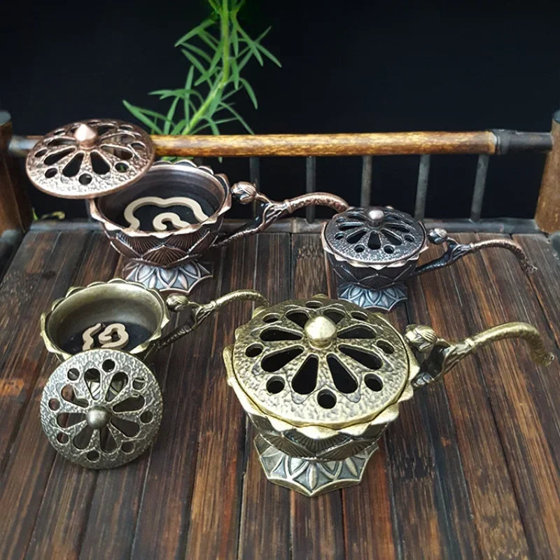 Lotus Flower Incense Burner with Handle Retro Copper Lotus Hollow Out Incense