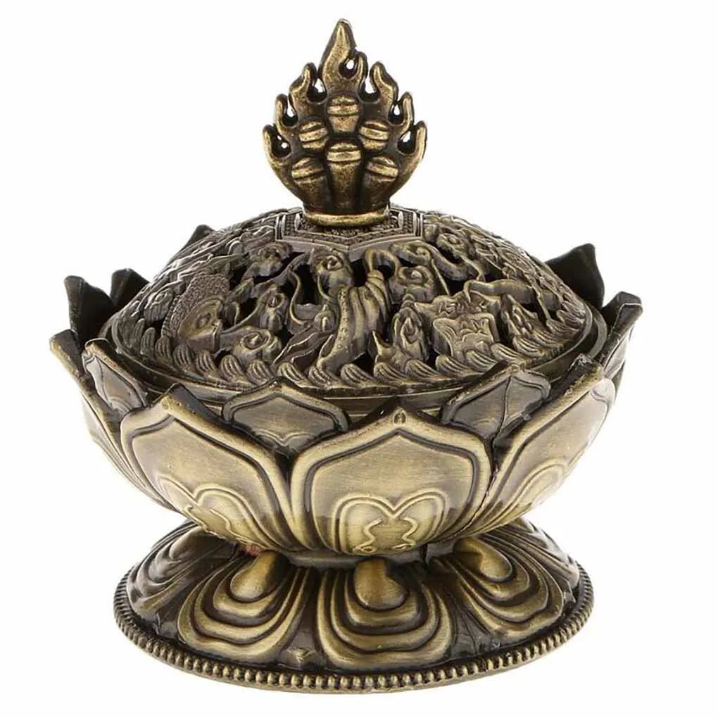 Chinese Buddha Flower Incense burner Alloy Handmade Censer for Buddhist Home Office Decoration