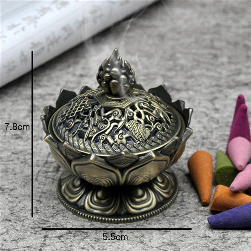 Lotus Flower Incense Burner Buddhism Buddha Holder Brass Mini Sandalwood