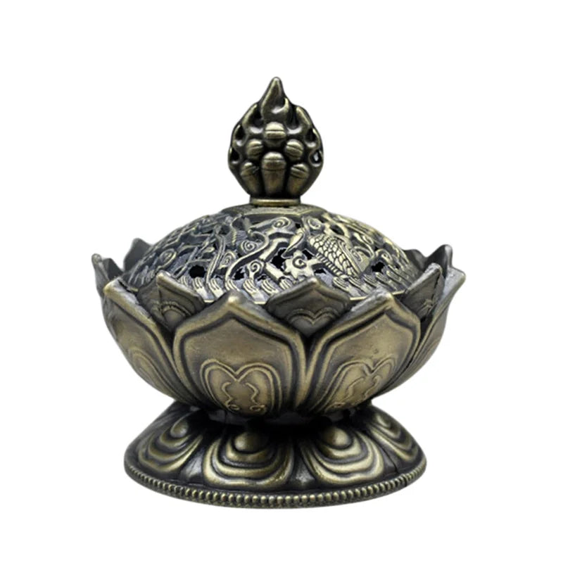 Lotus Flower Incense Burner Buddhism Buddha Holder Brass Mini Sandalwood