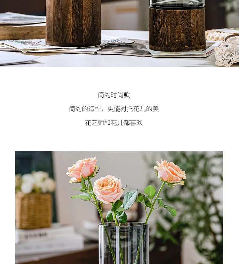 Modern Simple and Creative Glass Water-grown Flowers Wooden Base Vase