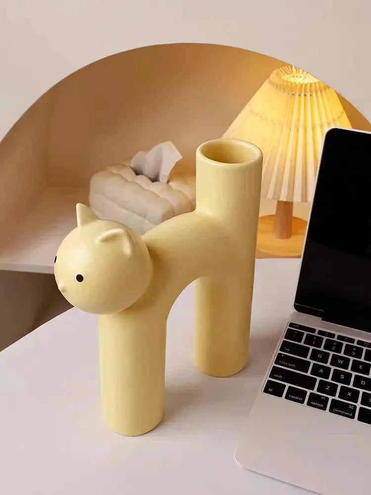 Ceramic Flower Vase H-shaped Cute Tubular Kawaii Cat Vase