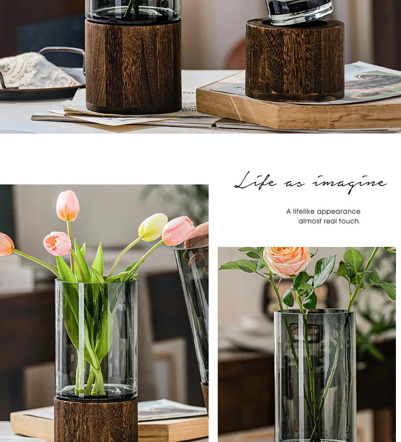 Modern Simple and Creative Glass Water-grown Flowers Wooden Base Vase