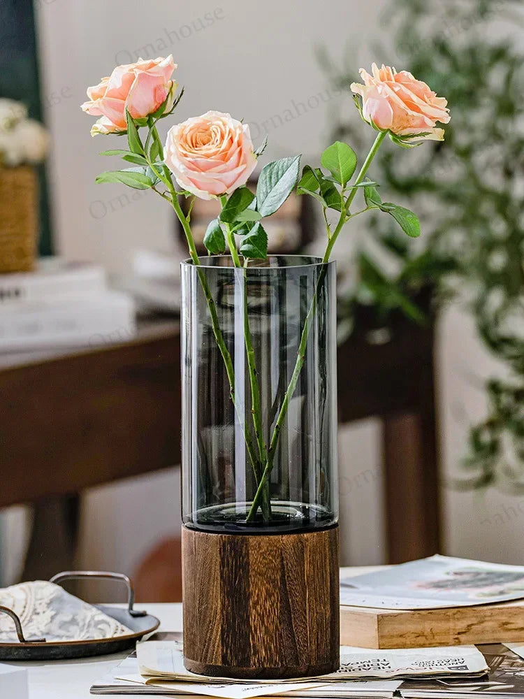 Modern Simple and Creative Glass Water-grown Flowers Wooden Base Vase