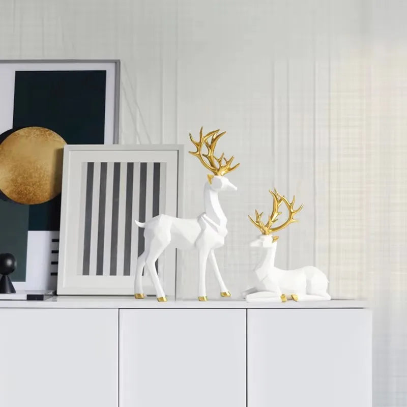 Resin Geometric Elk Sculpture Standing Gold Deer Statues Festival Reindeer Home Decor Living Room TV Cabinet Ornaments