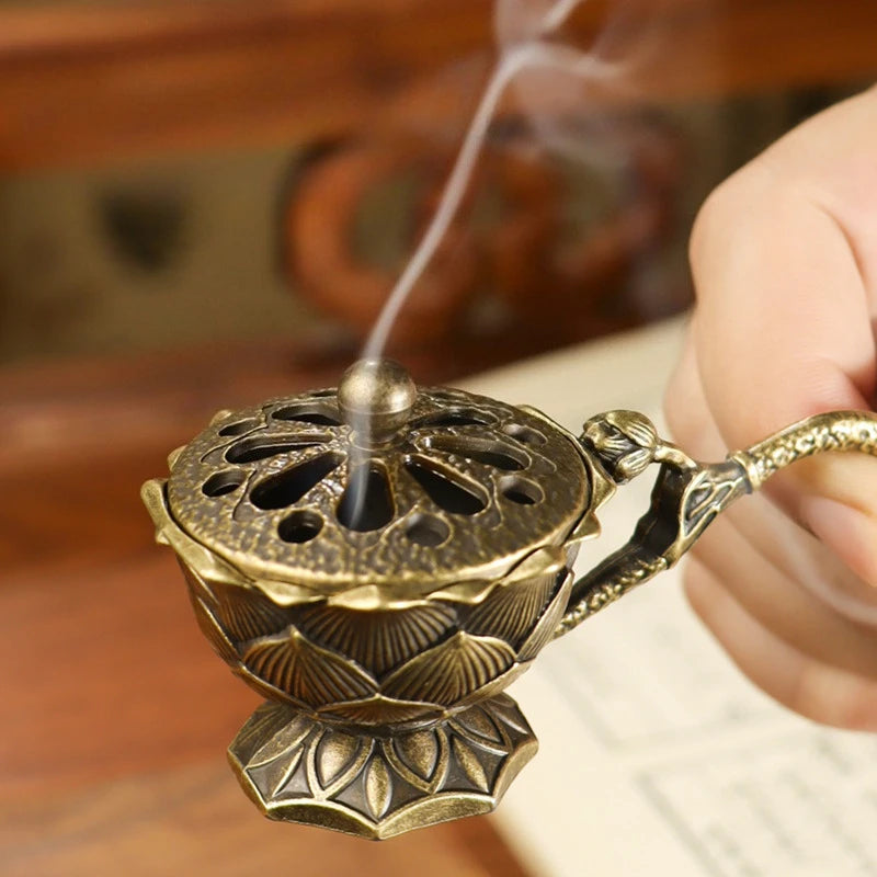 Lotus Flower Incense Burner with Handle Retro Copper Lotus Hollow Out Incense