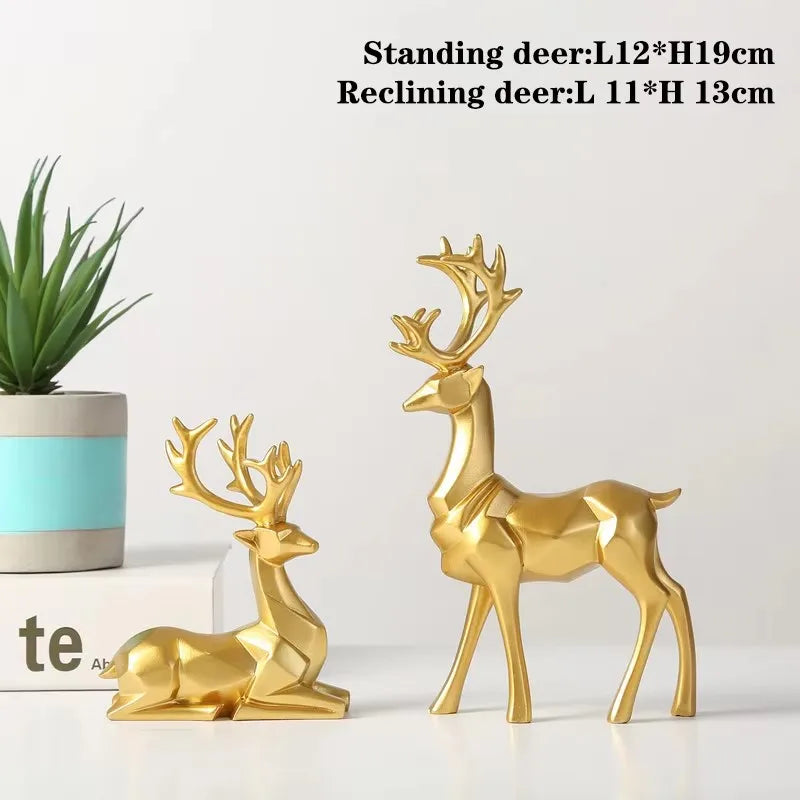 Resin Geometric Elk Sculpture Standing Gold Deer Statues Festival Reindeer Home Decor Living Room TV Cabinet Ornaments