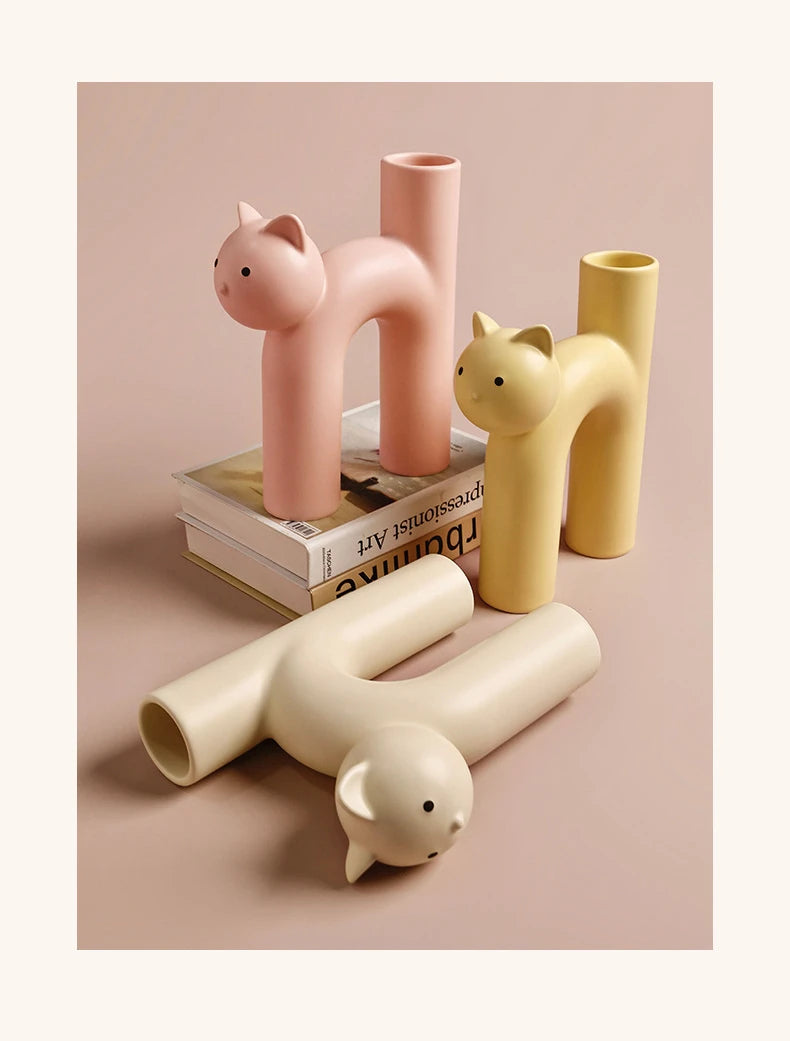 Ceramic Flower Vase H-shaped Cute Tubular Kawaii Cat Vase