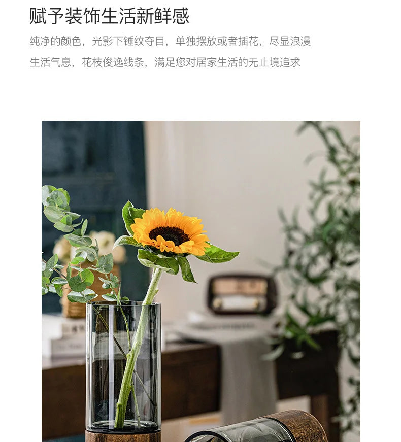 Modern Simple and Creative Glass Water-grown Flowers Wooden Base Vase
