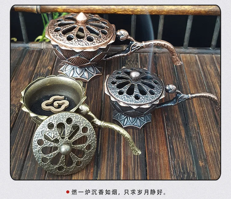 Lotus Flower Incense Burner with Handle Retro Copper Lotus Hollow Out Incense