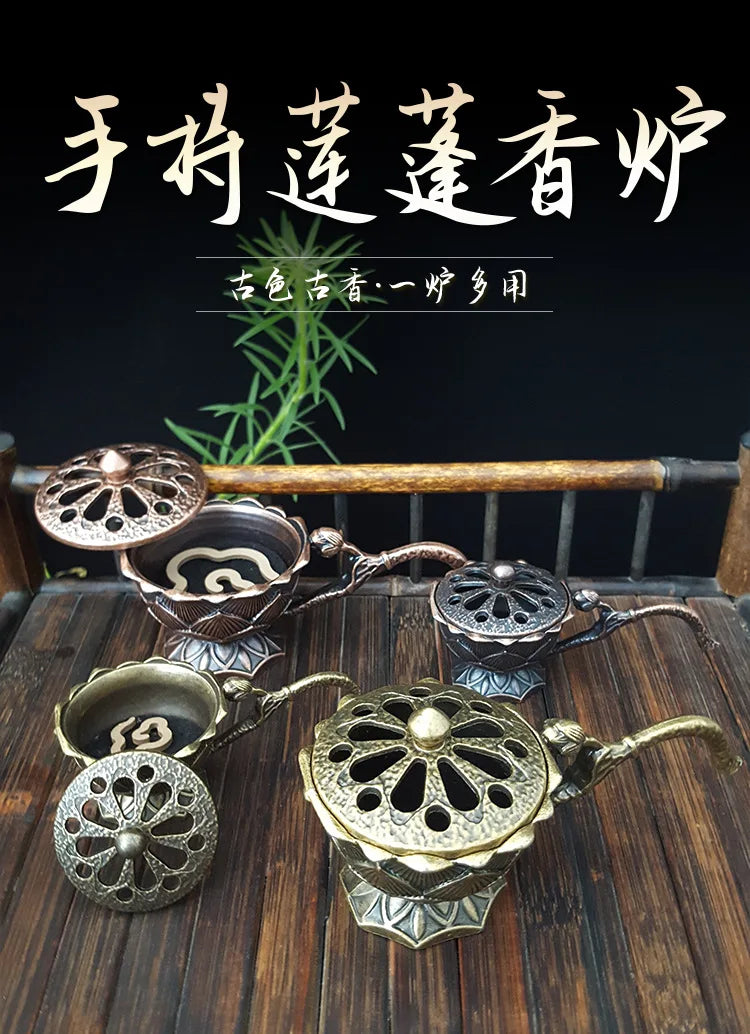 Lotus Flower Incense Burner with Handle Retro Copper Lotus Hollow Out Incense