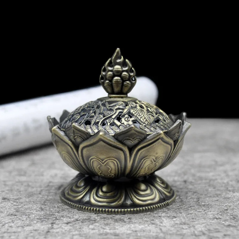 Lotus Flower Incense Burner Buddhism Buddha Holder Brass Mini Sandalwood