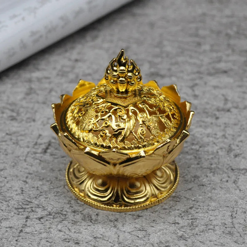 Lotus Flower Incense Burner Buddhism Buddha Holder Brass Mini Sandalwood