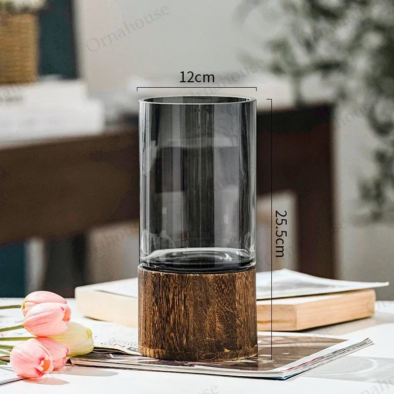 Modern Simple and Creative Glass Water-grown Flowers Wooden Base Vase