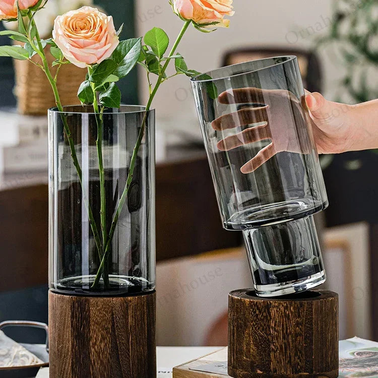 Modern Simple and Creative Glass Water-grown Flowers Wooden Base Vase