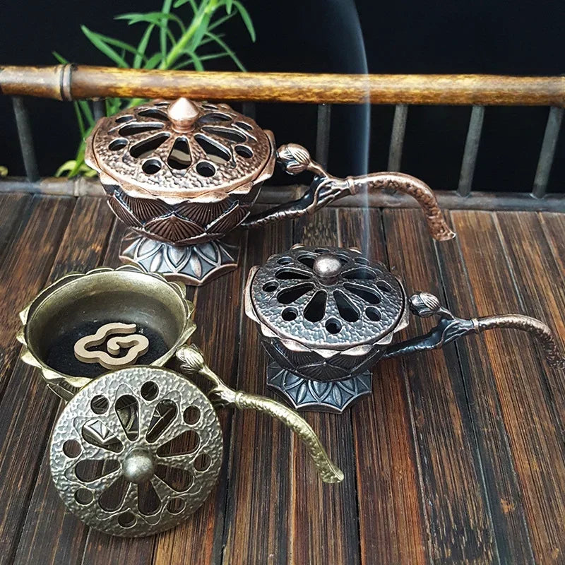 Lotus Flower Incense Burner with Handle Retro Copper Lotus Hollow Out Incense