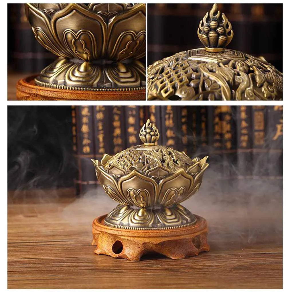 Chinese Buddha Flower Incense burner Alloy Handmade Censer for Buddhist Home Office Decoration