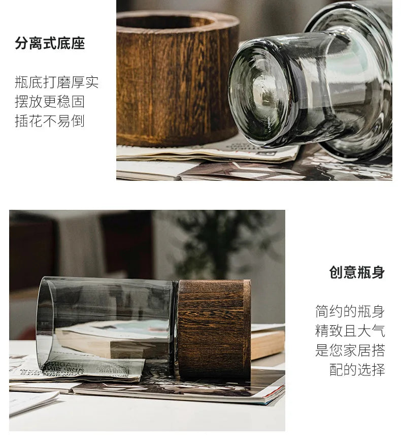 Modern Simple and Creative Glass Water-grown Flowers Wooden Base Vase