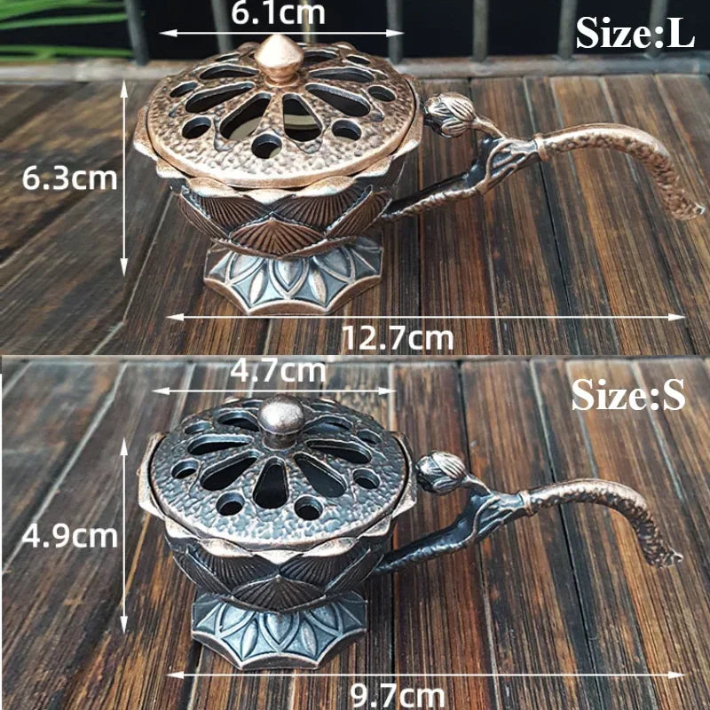 Lotus Flower Incense Burner with Handle Retro Copper Lotus Hollow Out Incense