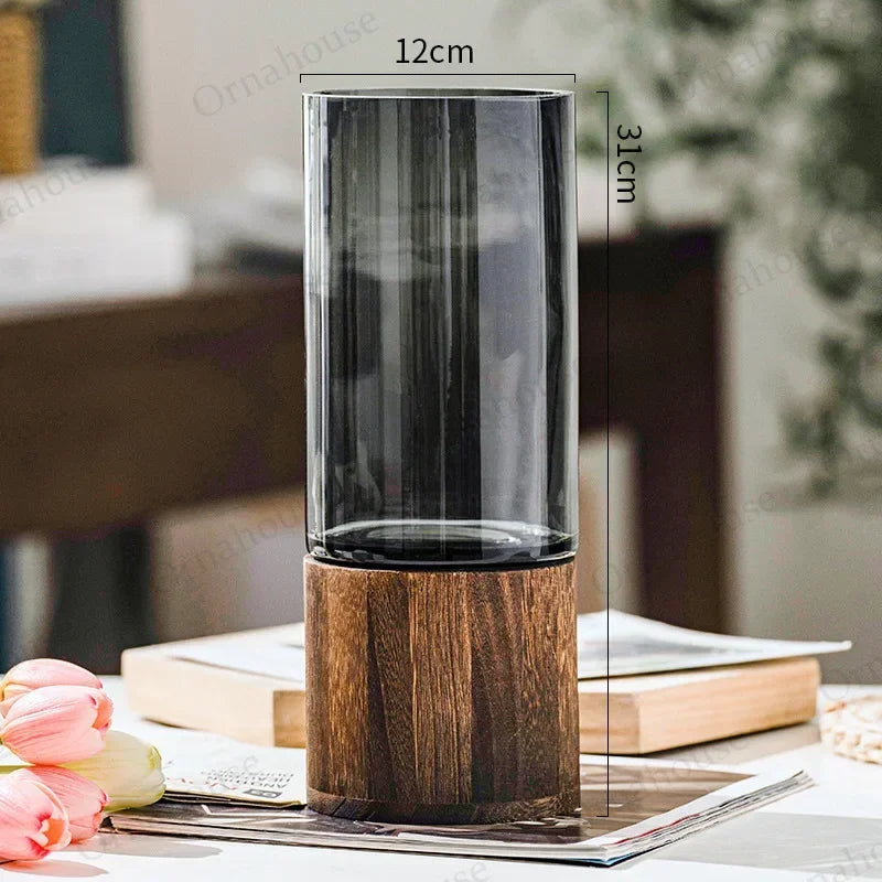 Modern Simple and Creative Glass Water-grown Flowers Wooden Base Vase