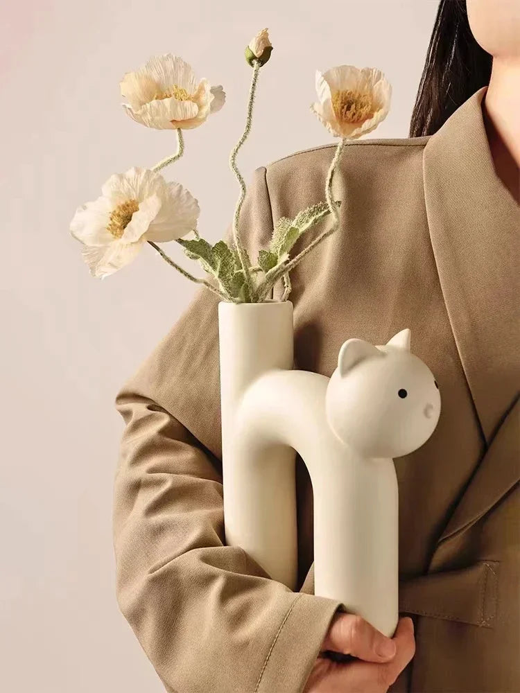 Ceramic Flower Vase H-shaped Cute Tubular Kawaii Cat Vase