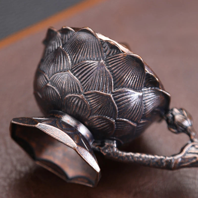 Lotus Flower Incense Burner with Handle Retro Copper Lotus Hollow Out Incense