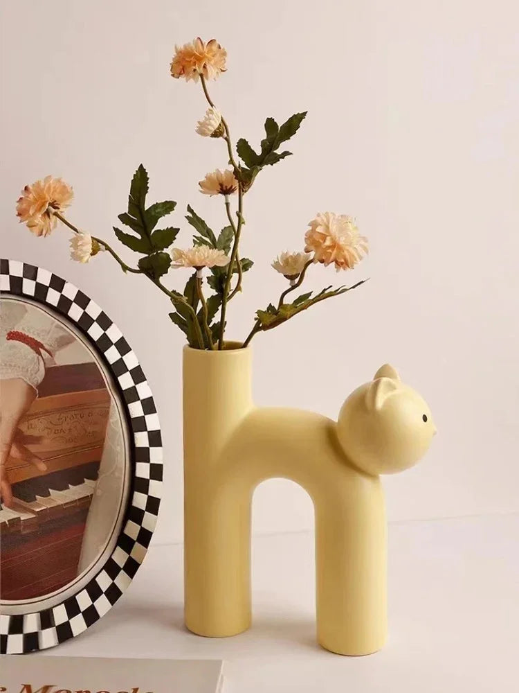 Ceramic Flower Vase H-shaped Cute Tubular Kawaii Cat Vase