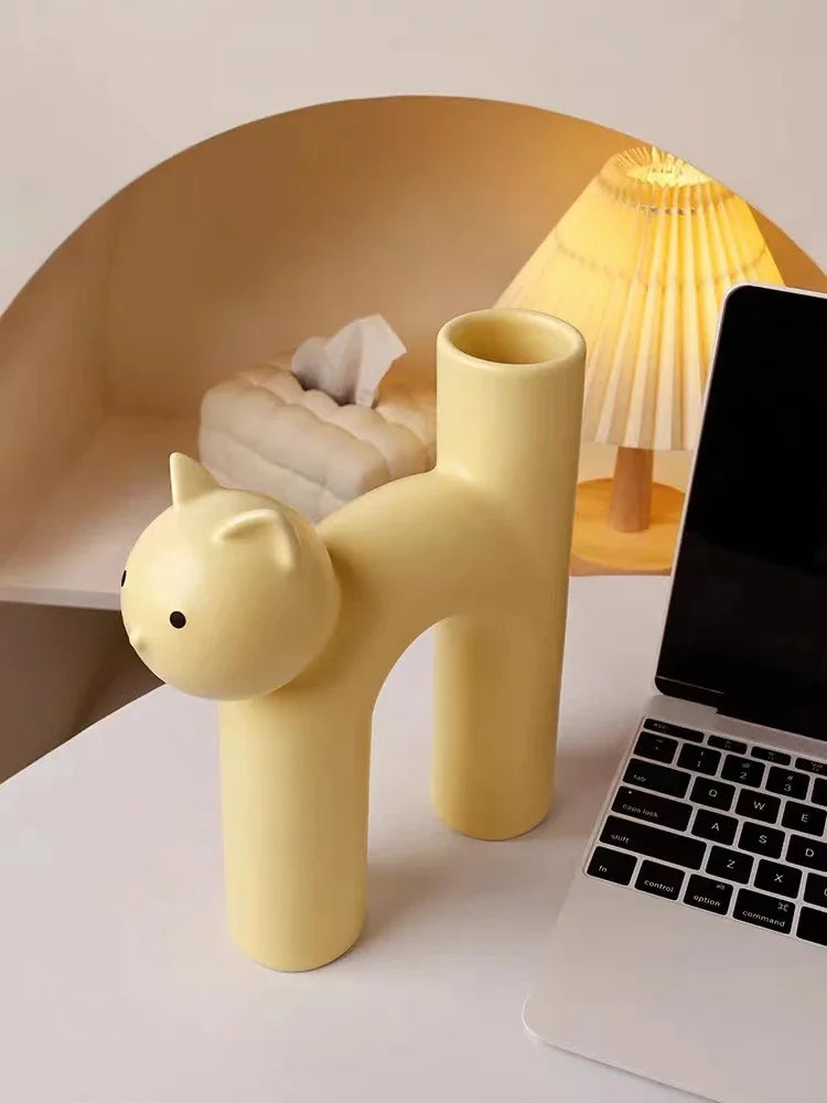 Ceramic Flower Vase H-shaped Cute Tubular Kawaii Cat Vase
