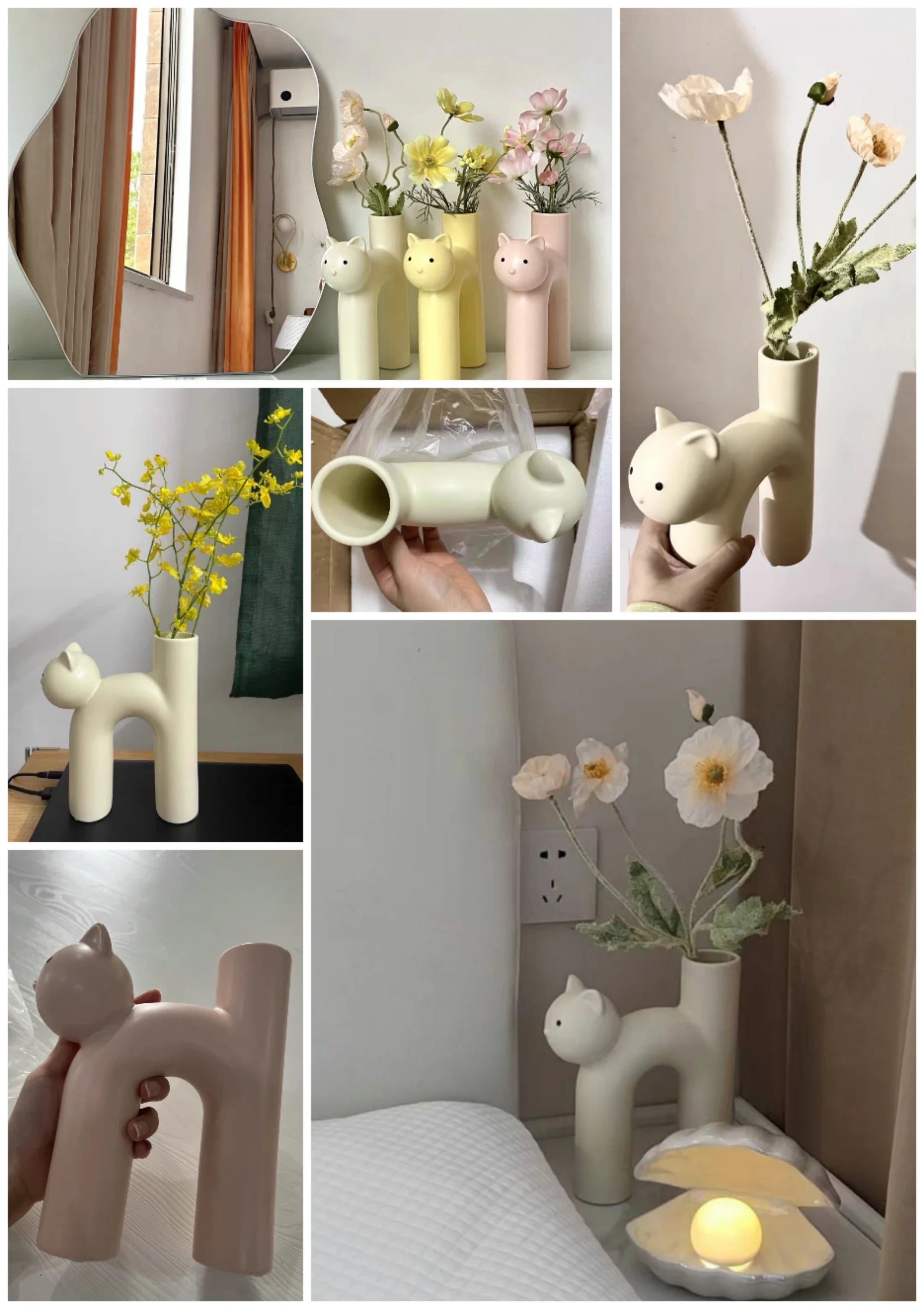 Ceramic Flower Vase H-shaped Cute Tubular Kawaii Cat Vase