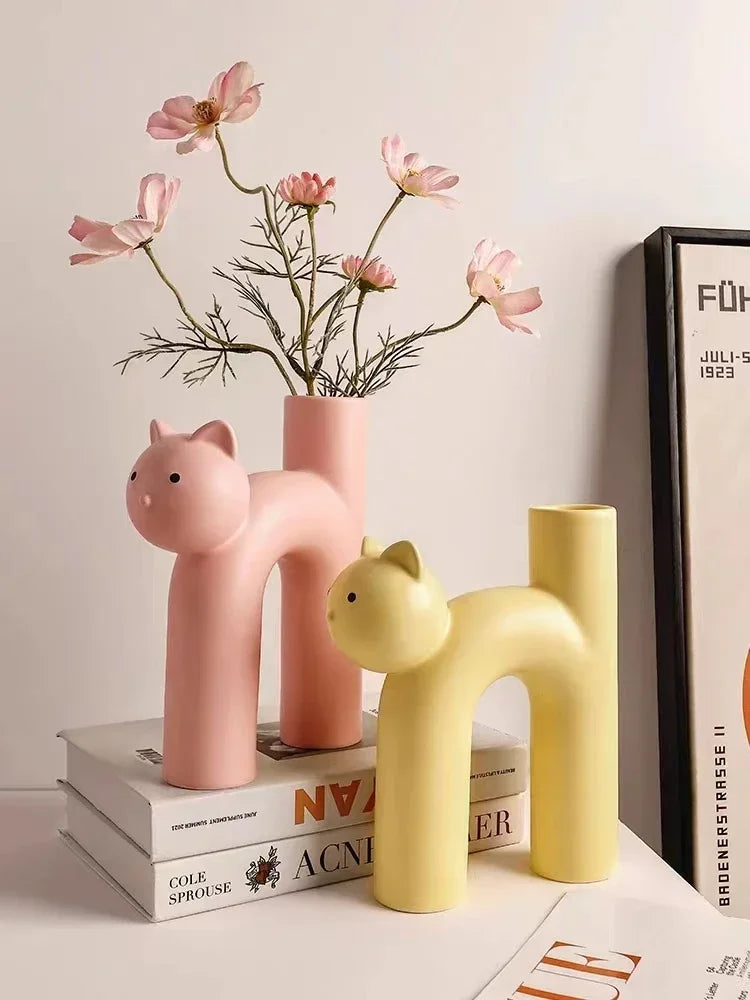 Ceramic Flower Vase H-shaped Cute Tubular Kawaii Cat Vase