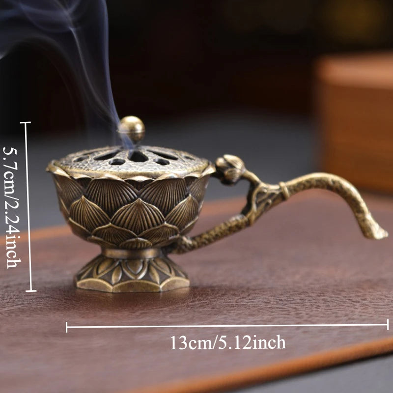 Lotus Flower Incense Burner with Handle Retro Copper Lotus Hollow Out Incense