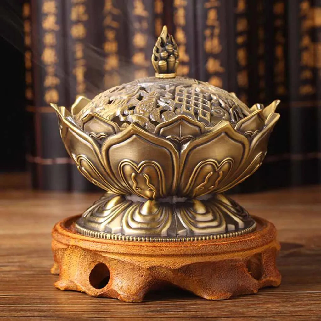 Chinese Buddha Flower Incense burner Alloy Handmade Censer for Buddhist Home Office Decoration