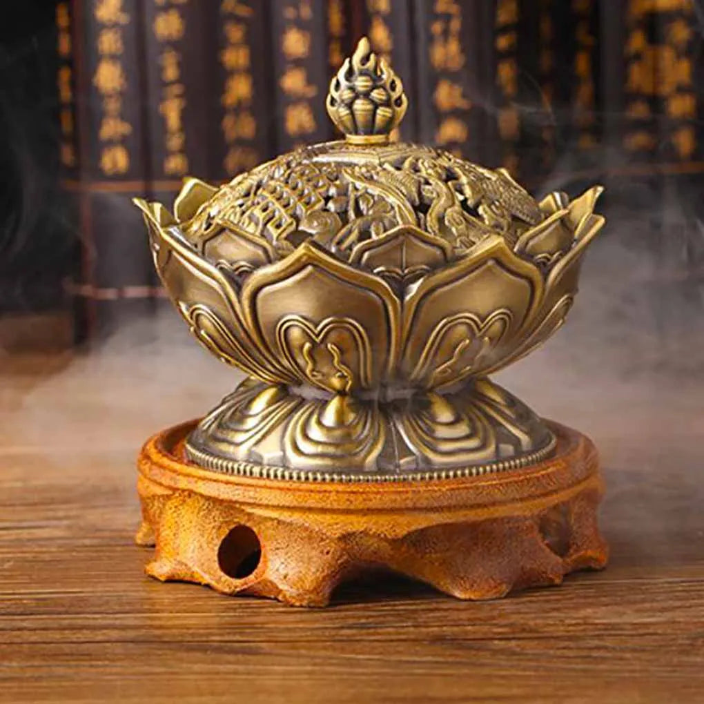Chinese Buddha Flower Incense burner Alloy Handmade Censer for Buddhist Home Office Decoration