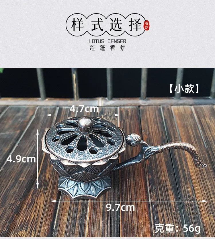 Lotus Flower Incense Burner with Handle Retro Copper Lotus Hollow Out Incense