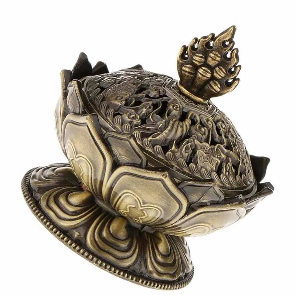 Chinese Buddha Flower Incense burner Alloy Handmade Censer for Buddhist Home Office Decoration
