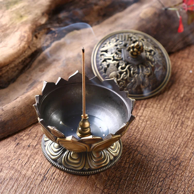 Lotus Flower Incense Burner Buddhism Buddha Holder Brass Mini Sandalwood